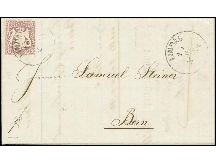 12 Kr. braunpurpur, farbfrisch und tadellos gezähnt mit leicht aufgesetztem EKr. "LINDAU 15 6" (1871) auf Brief nach Bern mit