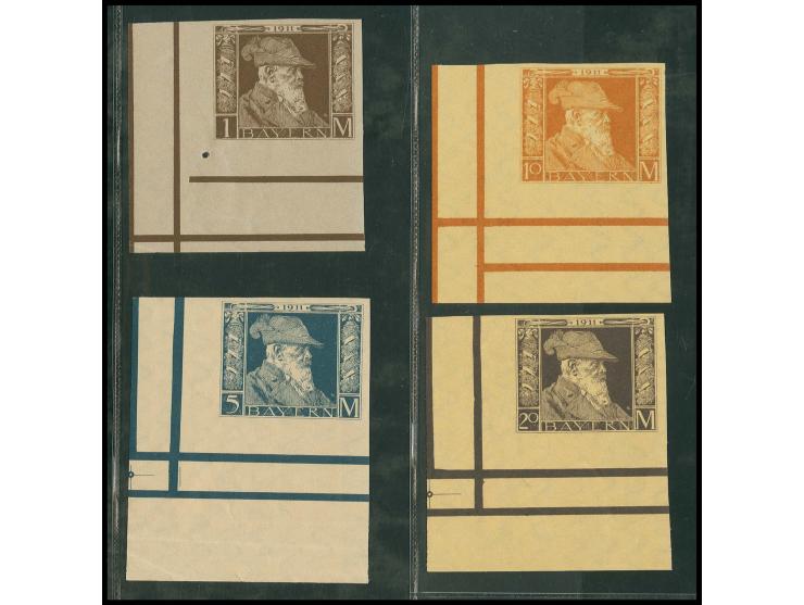 Type II: 1 M., 5 M., 10 M. und 20 M. ungezähnt aus der linken unteren Bogenecke, postfrisch mit Falzresten (und 1 M. mit klei
