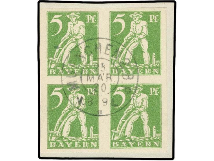 1920, Abschied 5 Pfg. ungezähnt im 4er-Block, zentrisch gestempelt "MÜNCHEN 2.B.P. 25 MÄR. 20" auf Briefstück, sign. Infla un