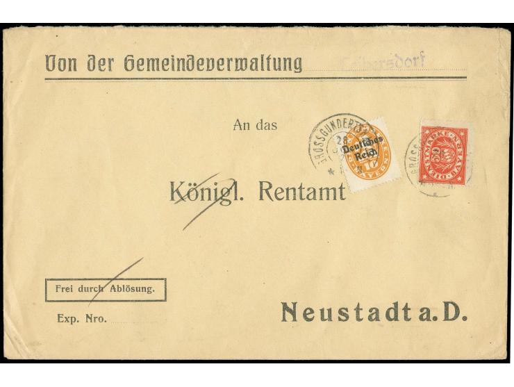 50 Pfg. in Mischfrankatur mit Dt. Reich 10 Pfg. gestempelt "GROSSGUNDERTSHAUSEN 28 JUN 21" auf Brief nach Neustadt a. D., Fot