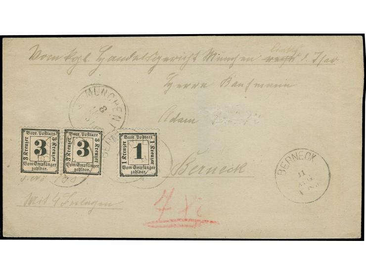 1870, 1 Kr. schwarz und 3 Kr. schwarz im waagerechten Paar mit EKr. "BERNECK 11 AUG." auf unfrankierter Briefhülle (rückseiti