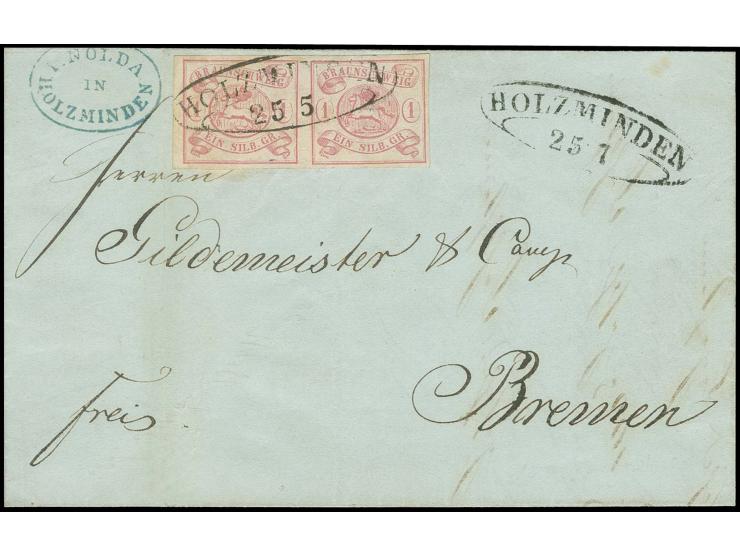 1 Sgr. rosa im farbfrischen, allseits gut gerandetem Paar mit Schnallenstempel "HOLZMINDEN 25 5", dieser nochmals mit korrigi