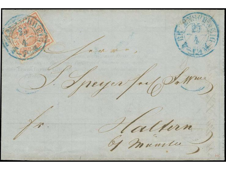 3 Sgr. orangerot, farbfrisch und allseits breitrandig mit DKr. "BRAUNSCHWEIG 25/4" (1855) auf kpl. Faltbrief nach Haltern, si