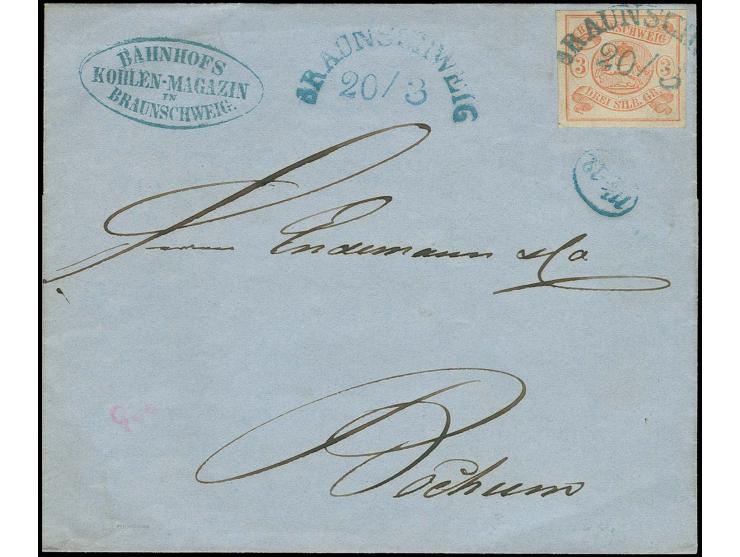 1852, 3 Sgr. orangerot, allseits breitrandig mit sauber auf- und nebengesetztem Halbkreisstempel "BRAUNSCHWEIG 20/3" (1854) u