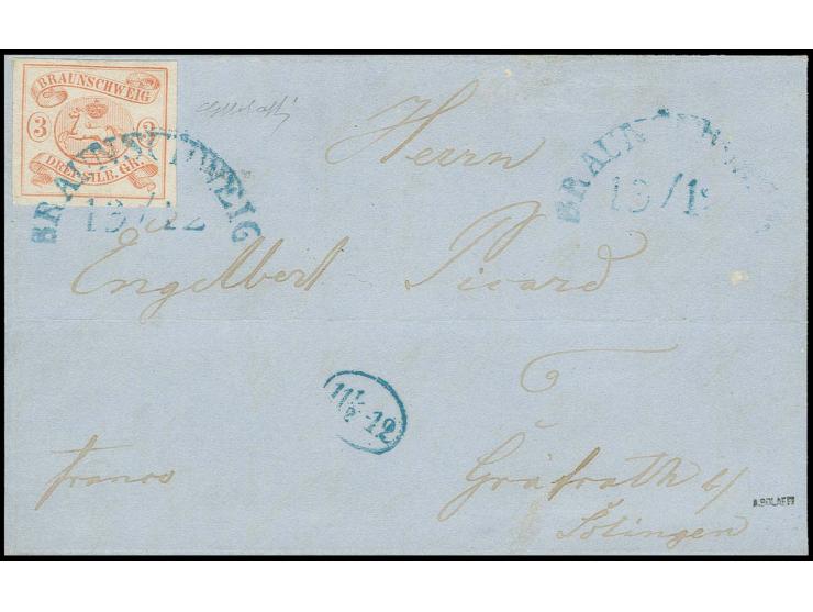 3 Sgr. orangerot, farbfrisch und allseits breite Ränder mit klarem Halbkreisstempel "BRAUNSCHWEIG 13/12" und nebengesetztem S