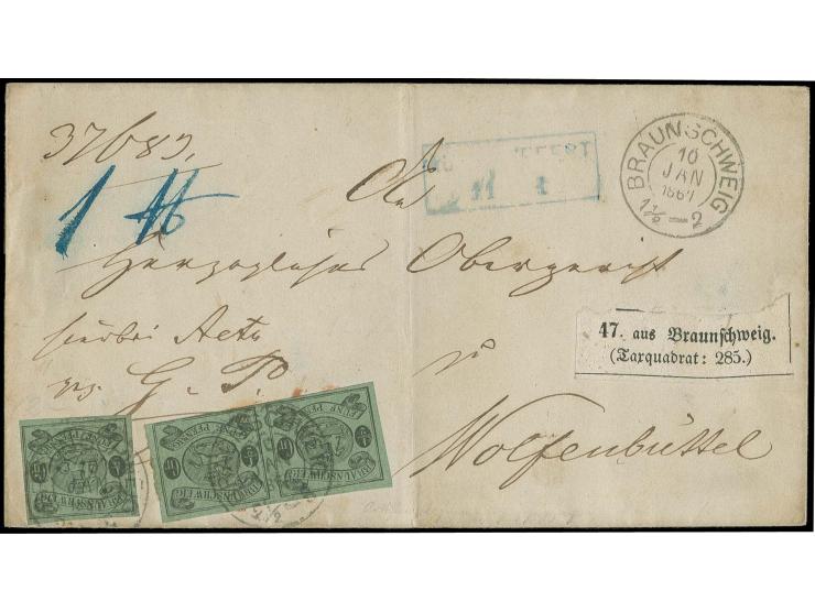 1/2 Gr. auf grün im waagerechten Paar und Einzelmarke mit DKr. "BRAUNSCHWEIG 10.JAN.1867" auf Paketbegleitbriefhülle nach Wol