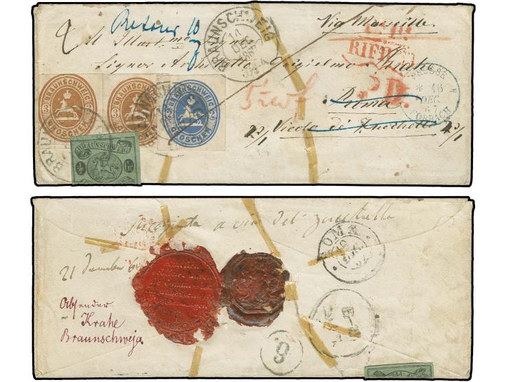 ½ Gr. auf lebhaftblaugrün (um den Briefunterrand geklebt und kleine Schürfung) mit 1865, 2 Gr. blau und 3 Gr. braun (2), teil
