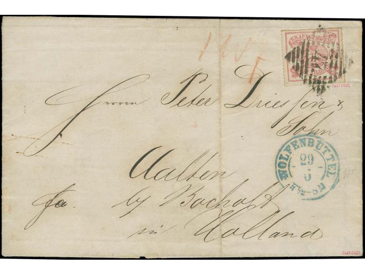 1864, durchstochene Ausgabe 3 Sgr. rosa mit zentrischer Nr. "47" und nebengesetztem blauem DKr. "WOLFENBÜTTEL 29/5" (1865) au