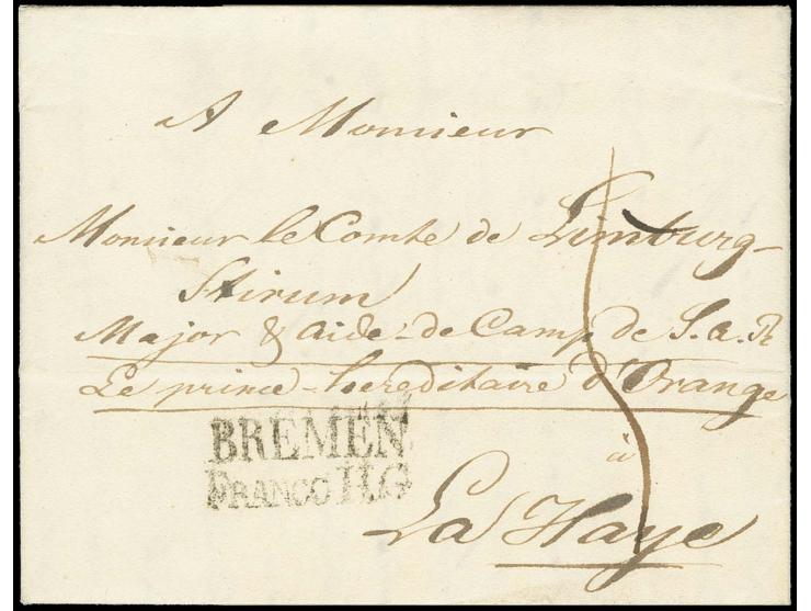 1814, "BREMEN FRANCO HG", schwarzer L2 klar auf komplettem Faltbrief (datiert Bremen 29.10.1814) nach La Haye, Kabinett