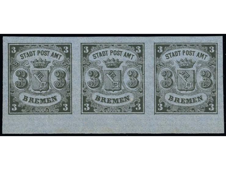 1855, 3 Grote geschnitten, waagerecht gestreiftes Papier, waagerechter Dreierstreifen (Bogenfelder 112 - 114 = Typen I - III)