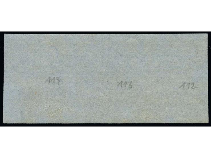 1855, 3 Grote geschnitten, waagerecht gestreiftes Papier, waagerechter Dreierstreifen (Bogenfelder 112 - 114 = Typen I - III)