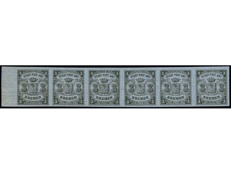 1855, 3 Grote geschnitten, waagerecht gestreiftes Papier, waagerechter Sechserstreifen (Bogenpositionen 97 - 102 = Typen I - 