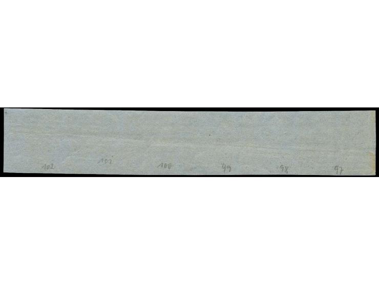 1855, 3 Grote geschnitten, waagerecht gestreiftes Papier, waagerechter Sechserstreifen (Bogenpositionen 97 - 102 = Typen I - 
