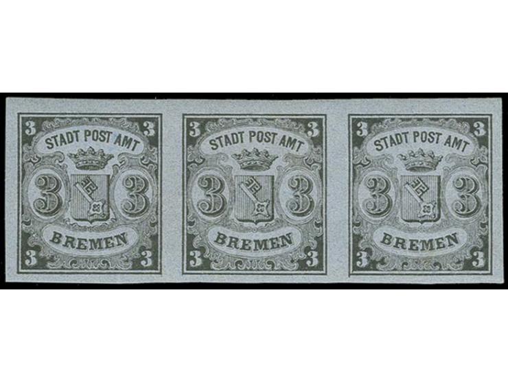 1855, 3 Grote geschnitten, waagerecht gestreiftes Papier, waagerechter Dreierstreifen (Typen I - III), farbfrisch und allseit