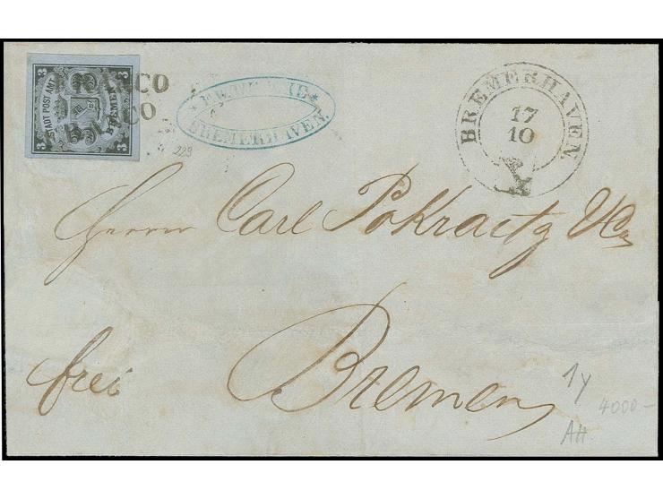 1855, 3 Grote (Type I) geschnitten, waagerecht gestreiftes Papier, farbfrisch und allseits breitrandig, mit sauber doppelt au
