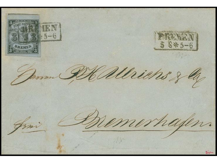 1855, 3 Grote (Type III) geschnitten, waagerecht gestreiftes Papier, farbfrisch und allseits breit- bis überrandig (mit Teil 