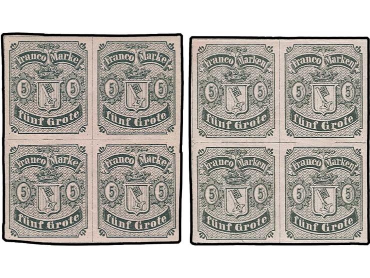 1856, 5 Grote geschnitten, farbfrischer und allseits breitrandiger Viererblock (Typen I - II, I - II), ungebraucht mit nahezu