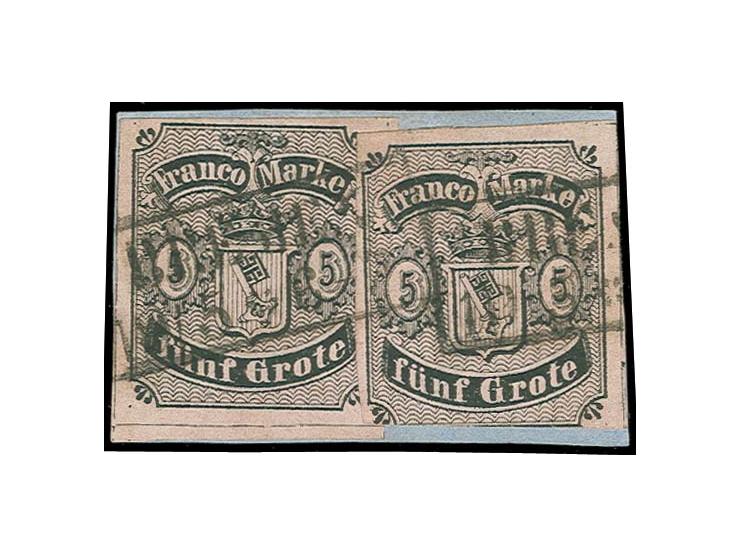 1856, 5 Grote geschnitten, Type I farbfrisch und allseits gut bis sehr breit gerandet, zusammen mit Type II (unten angeschnit