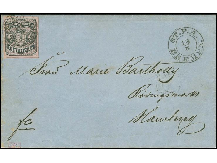 1856, 5 Grote geschnitten, Type II, farbfrisch (jedoch minimal gebräunt) und allseits breit- bis sehr breit gerandet, mit sau