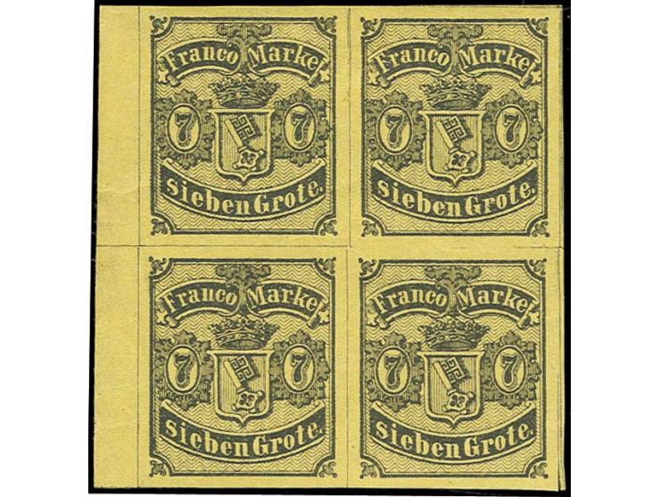 1860, 7 Grote geschnitten, rötlichgelb, dickeres Papier, farbfrischer und allseits gleichmäßig sehr breitrandiger Viererblock