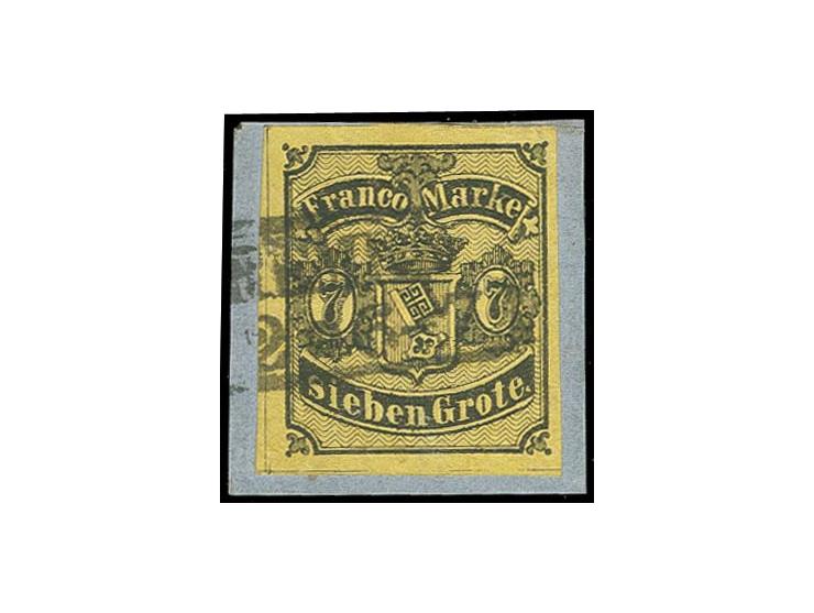 1860, 7 Grote geschnitten, rötlichgelb, dickeres Papier, farbfrisch und allseits breitrandig, mit sauber aufgesetztem Ra2 "(B