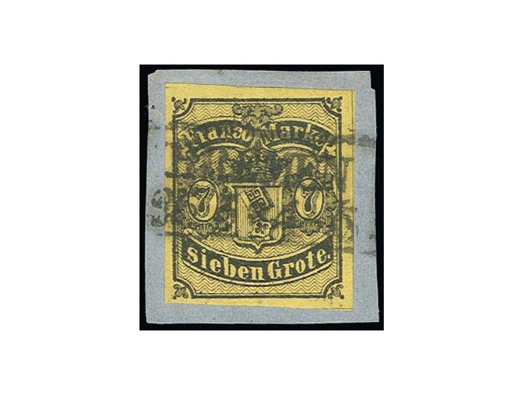 1860, 7 Grote geschnitten, gelboliv, dünneres Papier, farbtypisch und allseits breitrandig, mit zentrisch aufgesetztem Ra2 "(