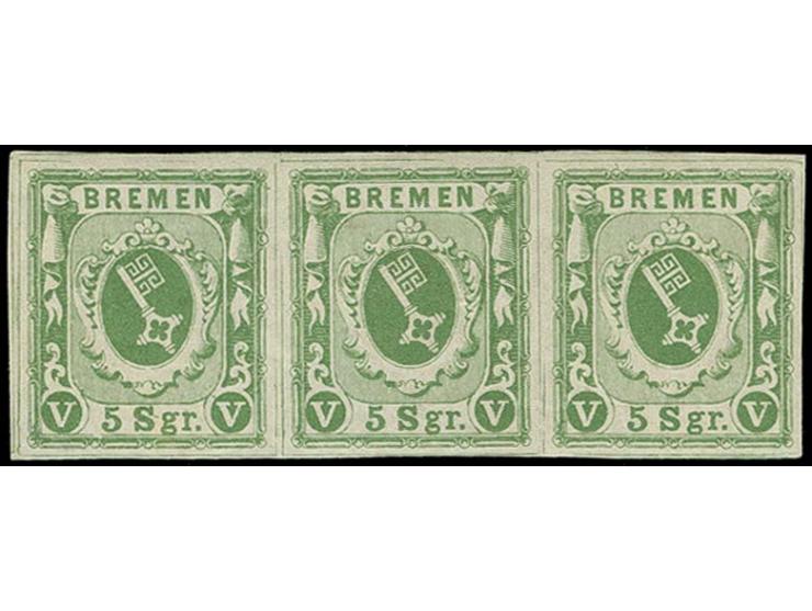 1859, 5 Silbergroschen geschnitten, dunkelolivgrün (gelbgrün), farbfrischer und allseits sehr breitrandiger waagerechter Drei