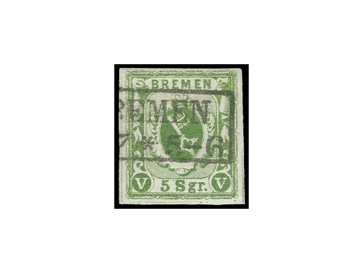 1859, 5 Silbergroschen geschnitten, schwarzgelbgrün (moosgrün), unscharfer Druck, farbfrisch und allseits sehr breitrandig (E