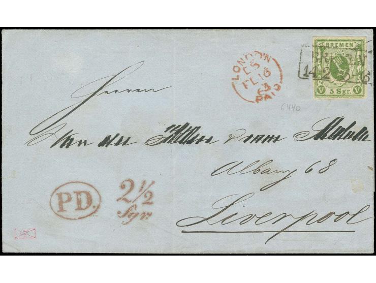 1859, 5 Silbergroschen geschnitten, schwarzgelbgrün (moosgrün), unscharfer Druck, farbtypisch und allseits breitrandig (Eckbu
