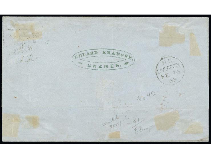 1859, 5 Silbergroschen geschnitten, schwarzgelbgrün (moosgrün), unscharfer Druck, farbtypisch und allseits breitrandig (Eckbu