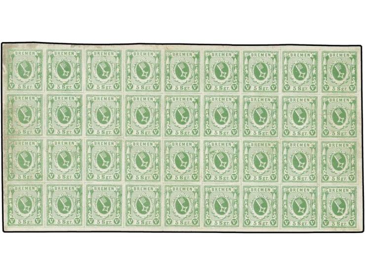 1859, 5 Silbergroschen geschnitten, grün, gestrichenes Papier, vollständiger und bis auf saubere Falzreste in drei Ecken post