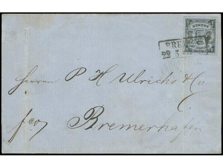 1864, 3 Grote (Type III) durchstochen, senkrecht gestreiftes Papier, farbfrisch, mit leicht und sauber aufgesetztem Ra" "BREM