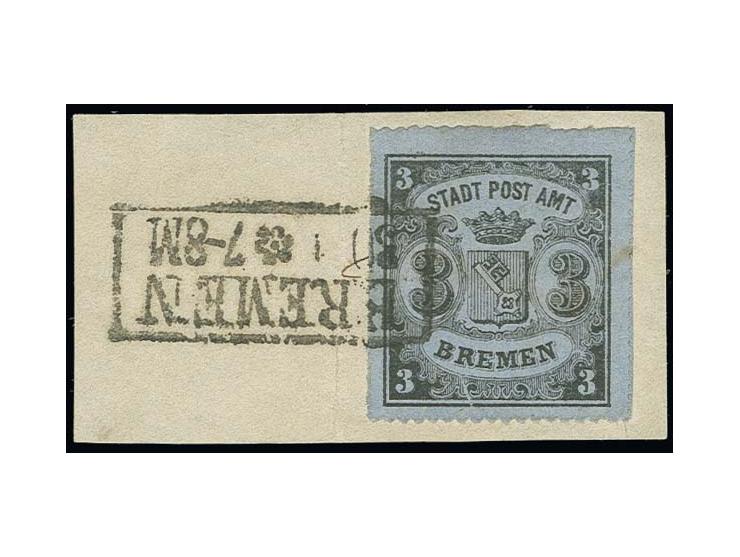 1864, 3 Grote (Feld 10 = Type I) durchstochen, waagerecht gestreiftes Papier, mit Feldmerkmal "Kratzer unter "R" in BREMEN", 