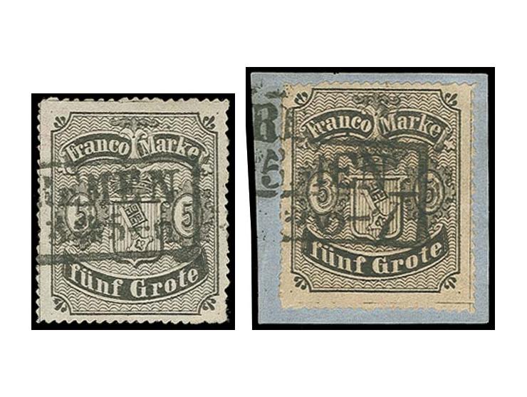 1862, 5 Grote durchstochen (nach Michel D 1 I), mattgraubraun, zwei Exemplare, beide Typen, je farbfrisch und mit sauber aufg
