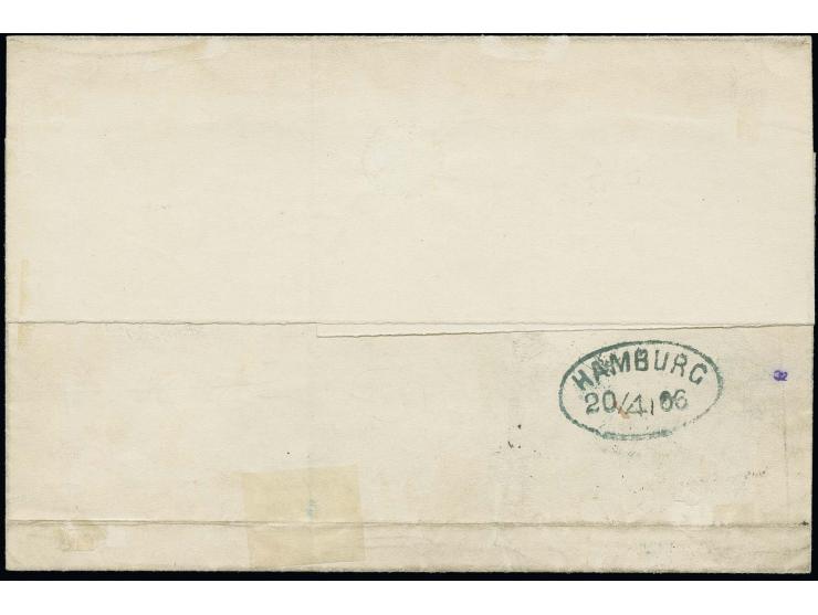 7 Gr. durchstochen mit sauber aufgesetztem Ra2 "BREMEN 19.4" (1866) auf Briefhülle nach Hamburg; die Hülle unten waagerecht g