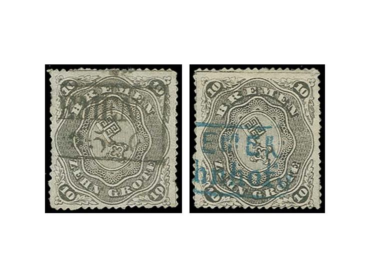  1863, 10 Grote durchstochen (nach Michel D 1 I), zwei Exemplare, je farbfrisch und mit sauber und gerade aufgesetzten Stempe