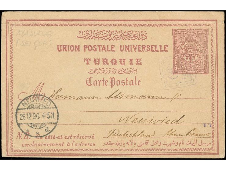 "AYASULUG", boxed positive marking on 1896, postcard 20 pa. to Germany with arrival mark, slight corner creasing