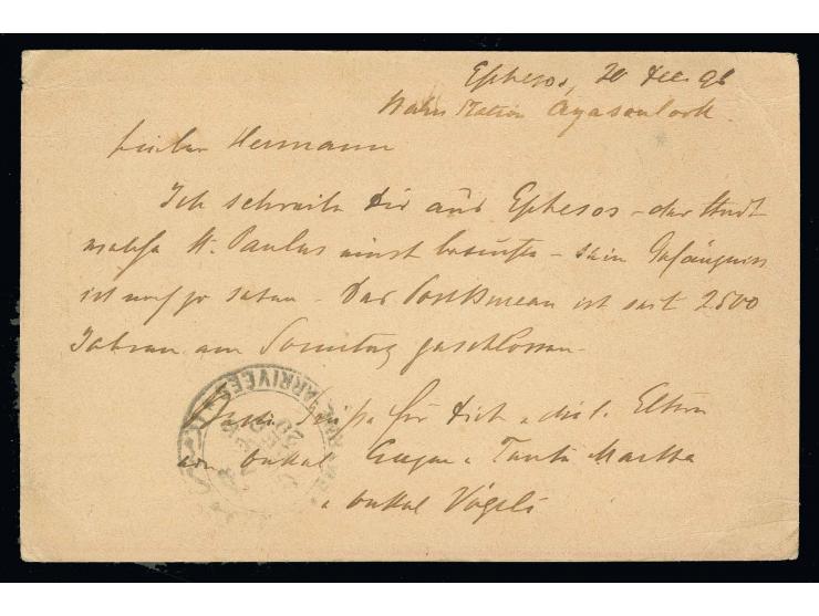 "AYASULUG", boxed positive marking on 1896, postcard 20 pa. to Germany with arrival mark, slight corner creasing