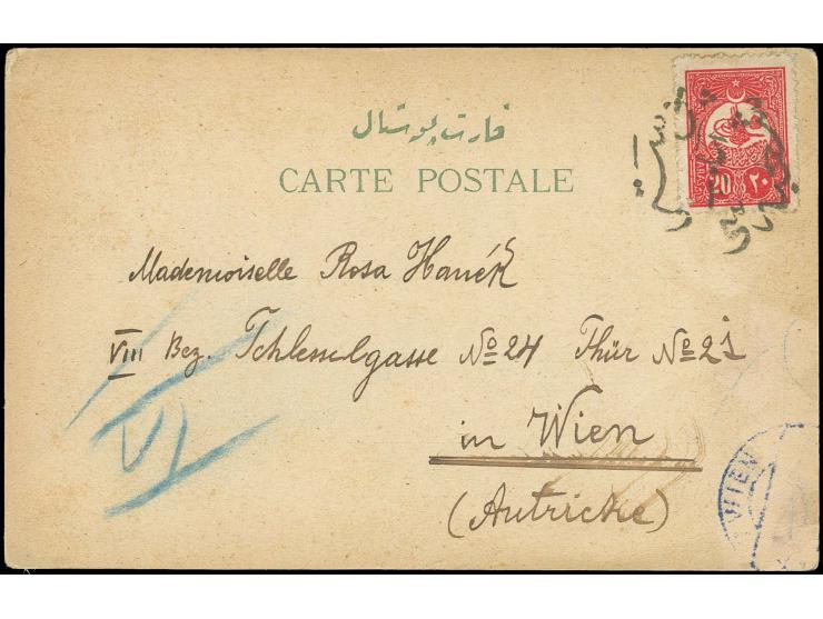 "ÜSKÜB", fancy marking in black on postcard 1909 to Austria