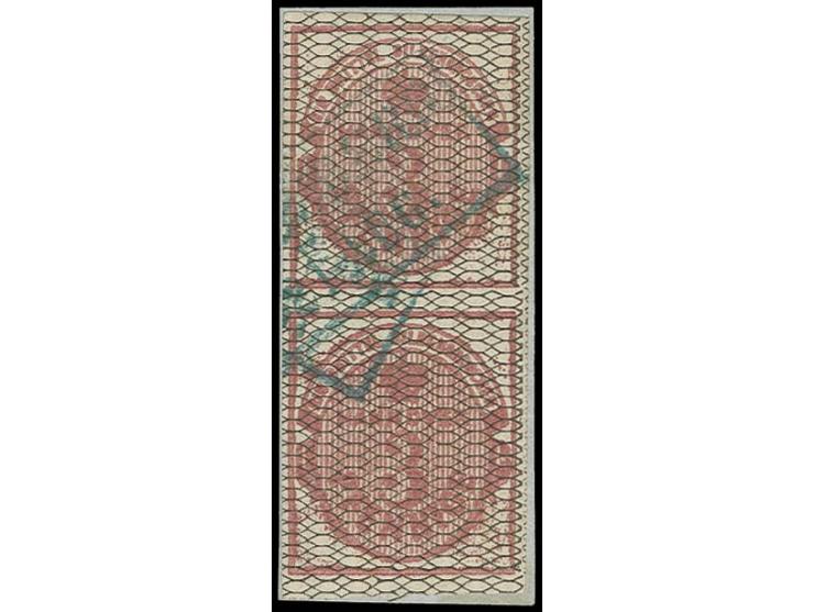 1856/57, 3 Pfg. rötlichkarmin, schwarz genetzt im senkrechten Paar, allseits breitrandig, entwertet durch blauen Ra2, Kabinet