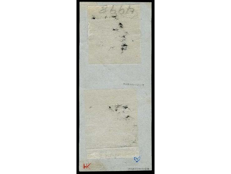 1856/57, 3 Pfg. rötlichkarmin, schwarz genetzt im senkrechten Paar, allseits breitrandig, entwertet durch blauen Ra2, Kabinet