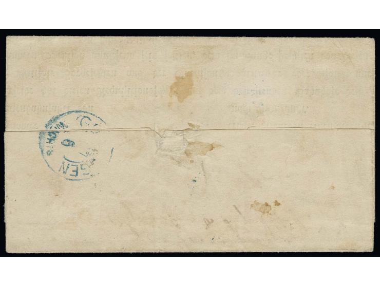 1 Gr. karmin, unten angeschnitten, sonst breit- bis überrandig mit blauem DKr. "HANNOVER 27/6" (1863) auf vorgedrucktem Einbe