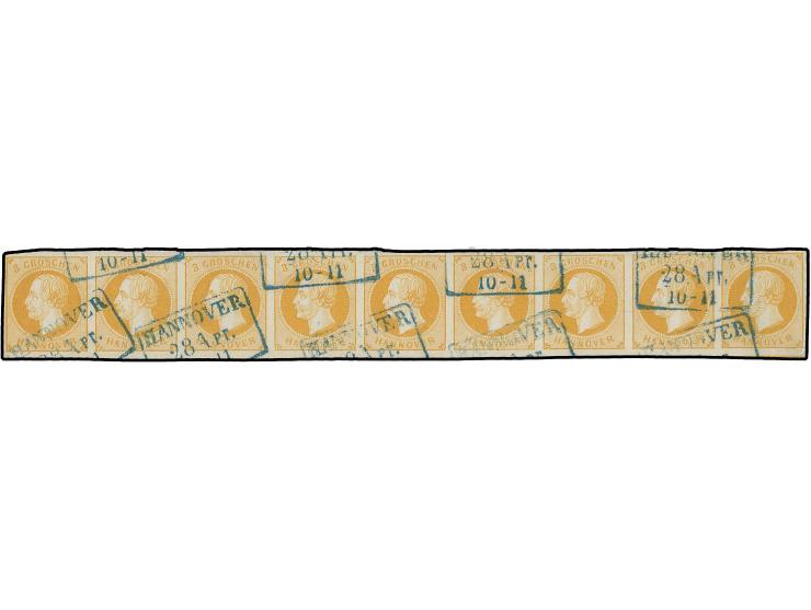 3 Gr. gelborange, farbfrisch im waagerechten 9er-Streifen, allseits gut, links lupenrandig, mit Stempel "HANNOVER 28 Apr.", e