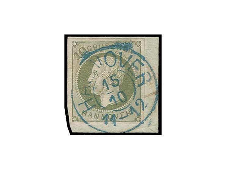 10 Gr. dunkelolivgrün, farbfrisch und allseits gut gerandet mit DKr. "HANNOVER 15 10" auf kleinem Briefstück, Kabinett, u.a. 
