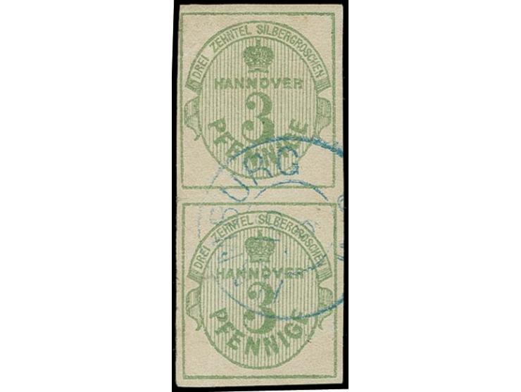 1863, 3 Pfg. grün, senkrechtes Paar, meist gut gerandet mit blauem DKr. "HAMBURG" entwertet, verschiedene Mängel behoben, ein