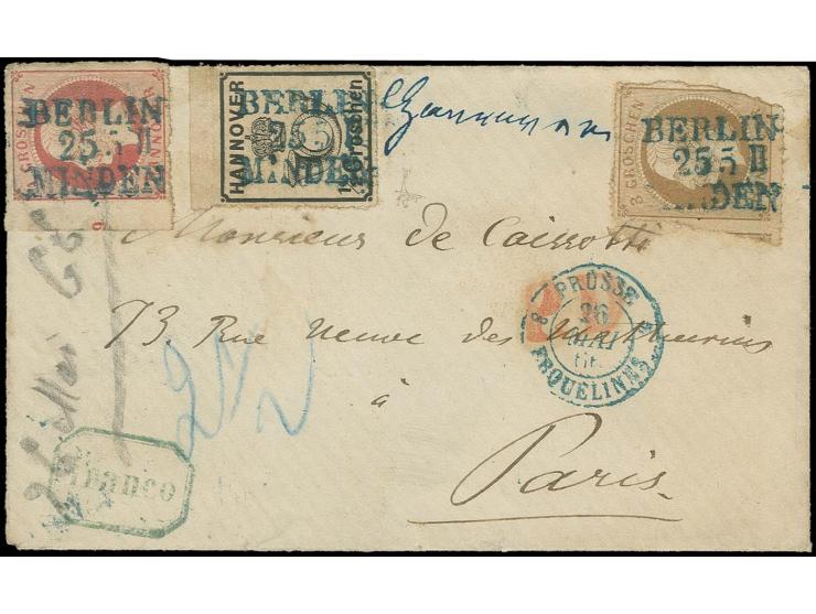 1864, ½ Gr. schwarz und 1 Gr. rotkarmin als Oberrand- bzw. Seitenrandstück und defekte 3 Gr. hellbraun mit Bahnpoststempel "B