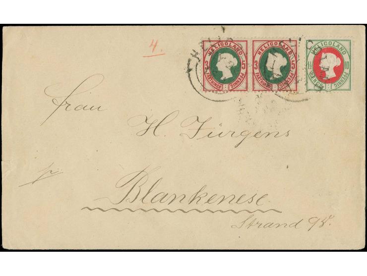 1875, 5 Pfg. lilakarmin/grün im waagerechten Paar mit 10 Pfg. hellgrün/rot mit Rundstempel "HELIGOLAND MY 2 .. 1890" auf Beda