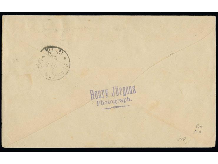 1875, 5 Pfg. lilakarmin/grün im waagerechten Paar mit 10 Pfg. hellgrün/rot mit Rundstempel "HELIGOLAND MY 2 .. 1890" auf Beda
