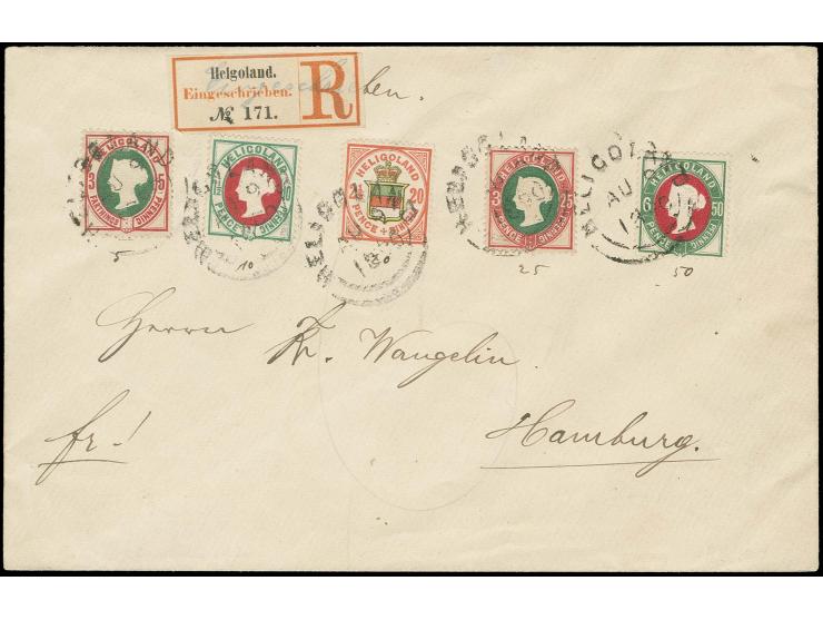 1890, 2 1/2 P./20 Pfg. graurot in Mischfrankatur mit 4 verschiedenen Marken mit engl. Rundstempel "HELIGOLAND AU.9.1890" auf 