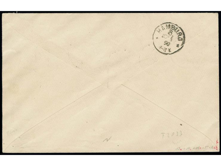 1890, 2 1/2 P./20 Pfg. graurot in Mischfrankatur mit 4 verschiedenen Marken mit engl. Rundstempel "HELIGOLAND AU.9.1890" auf 
